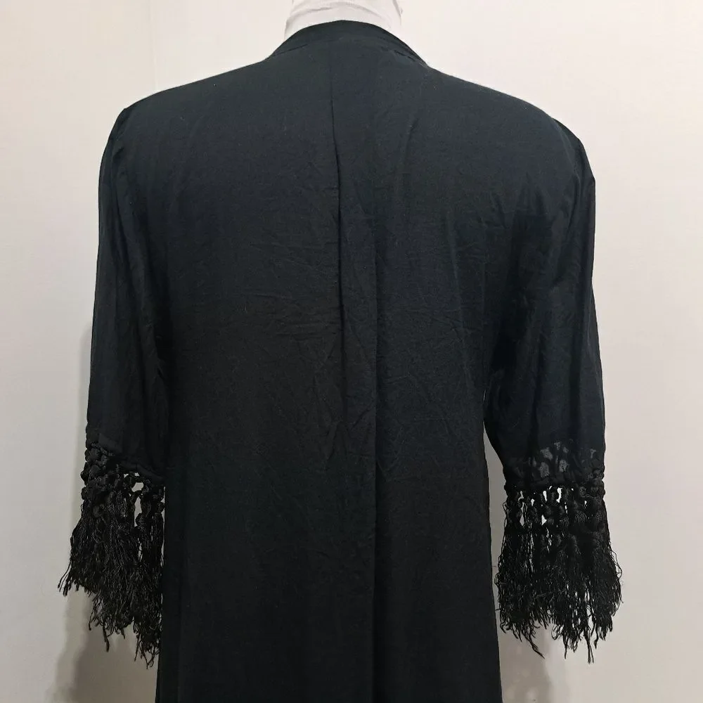 Tigerlily Embroidered Button Down Fringe Cardigan Cruise Dress Small Black